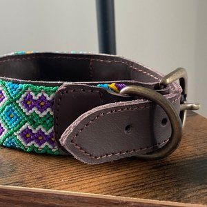 Dog collar leather reinforced with mexican handmade textile